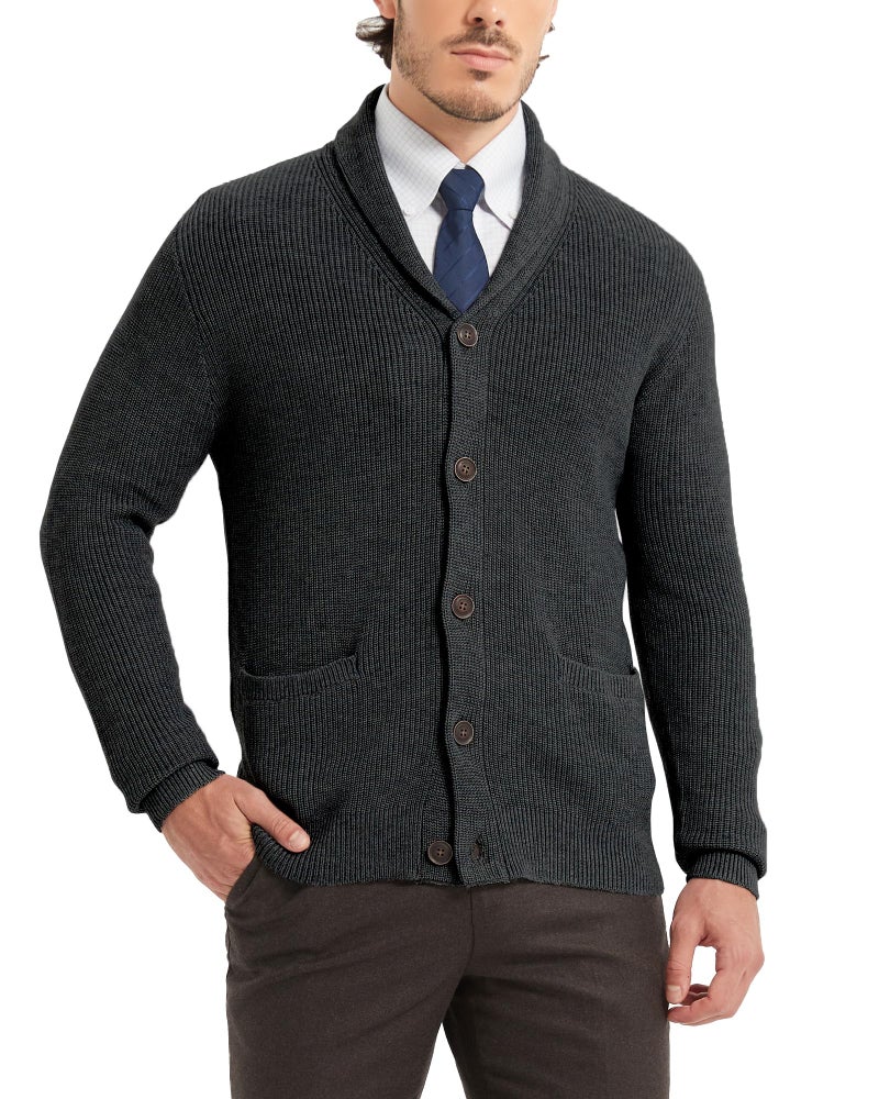 Kallspin Men's Wool Blend Shawl Collar Cardigan Sweater Button Down Knitwear with Pockets(Dark Grey, Large) - Image 1